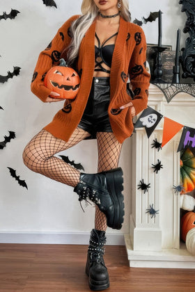 Pumpkin Print Open Front Long Sleeve Cardigan