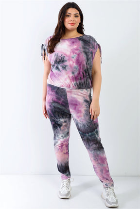 Ensemble haut et pantalon à épaules froncées tie-dye violet et noir Plus