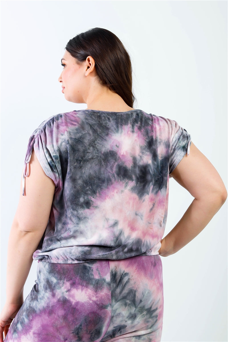 Ensemble haut et pantalon à épaules froncées tie-dye violet et noir Plus