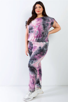 Ensemble haut et pantalon à épaules froncées tie-dye violet et noir Plus