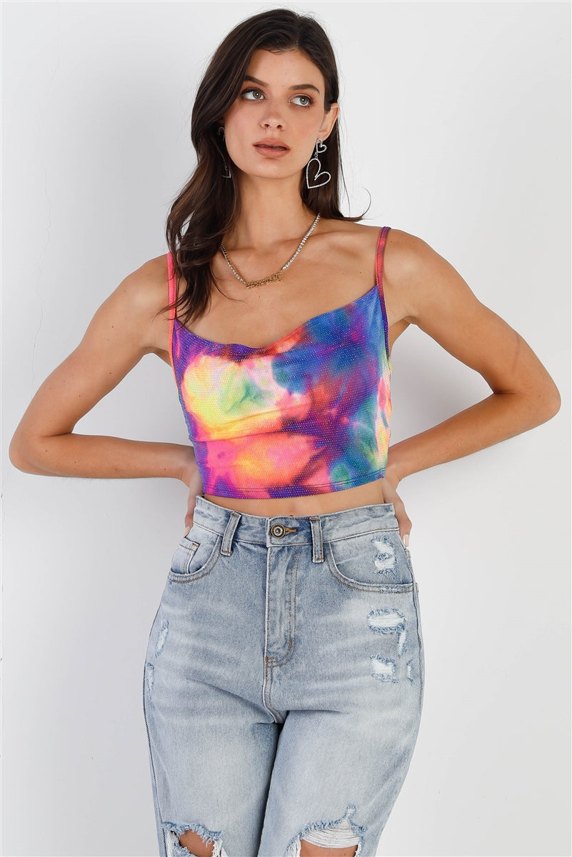 Haut court sans manches à col bénitier en lurex multicolore fluo tie-dye