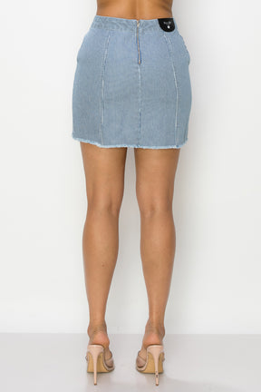 Button Frayed Denim Mini Skirt