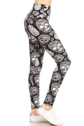 Legging long en tricot imprimé tête de mort avec bande et doublure style yoga et taille haute