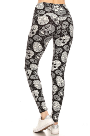 Legging long en tricot imprimé tête de mort avec bande et doublure style yoga et taille haute