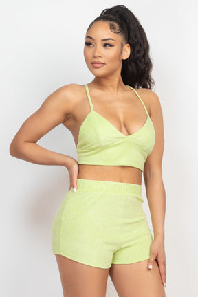 Ensemble haut bralette et mini short en tissu éponge