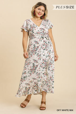 Robe longue à imprimé floral, manches courtes à volants, sans doublure