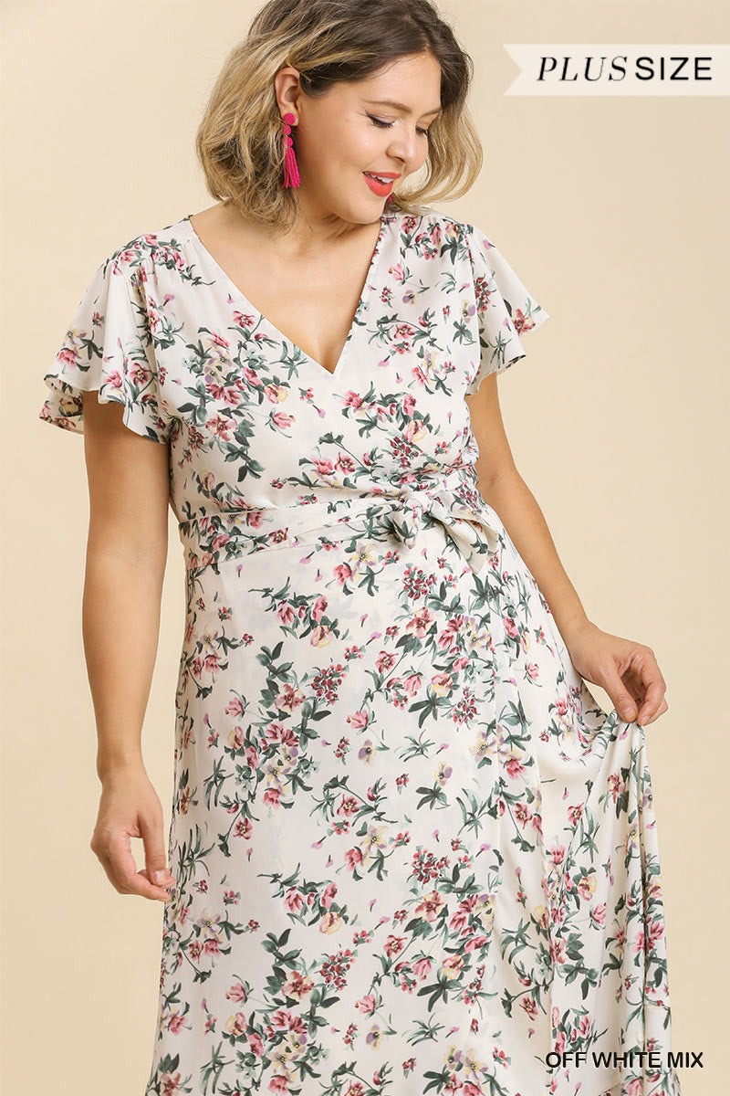 Robe longue à imprimé floral, manches courtes à volants, sans doublure