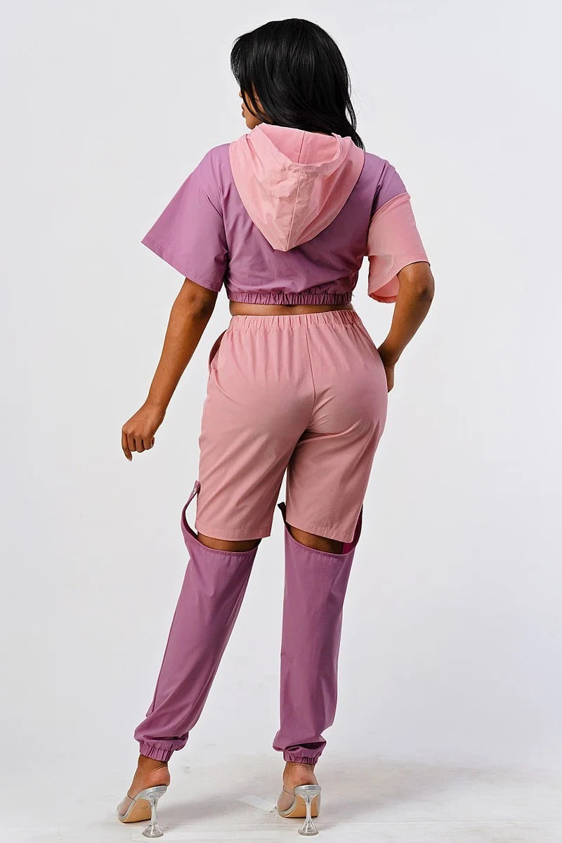 Ensemble pantalon en blocs de couleurs avec capuche et partie inférieure amovible