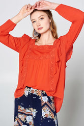 Solid Loose-fit Gauze Peasant Blouse