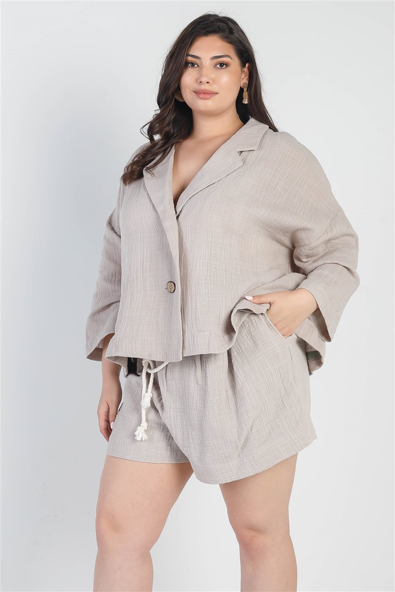 Ensemble blazer et short taille haute à col boutonné gris Plus