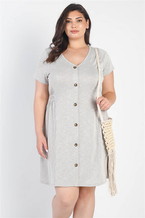 Plus Warm Grey Textured Button-up Short Sleeve Mini Dress