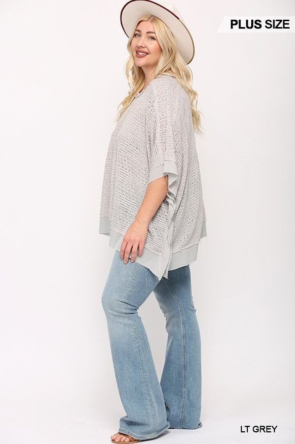 Light Knit And Woven Mixed Boxy Top With Poncho Sleeve