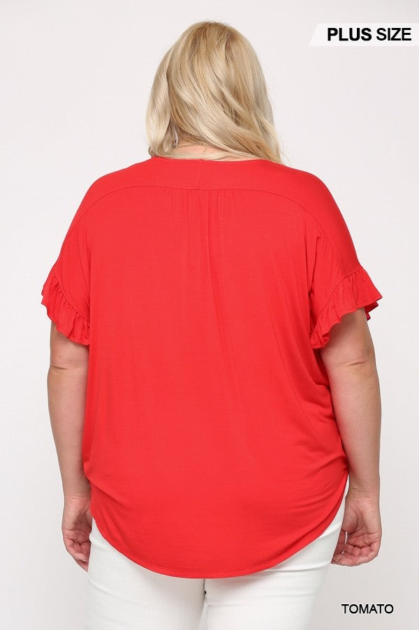 Solid Viscose Knit Surplice Top With Ruffle Sleeve