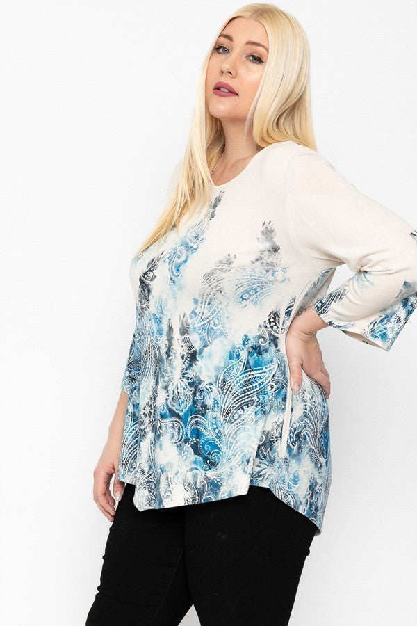 Print Top Featuring A Round Neckline And 3/4 Bell Sleeves