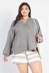 Plus Olive Textured Button Detail Long Sleeve Top