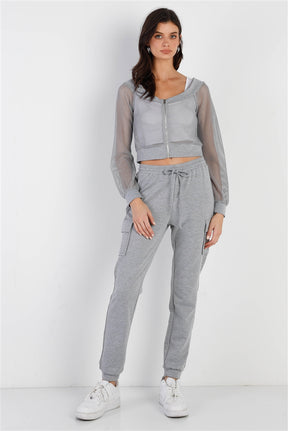 Ensemble haut zippé et pantalon en résille contrastante gris chiné