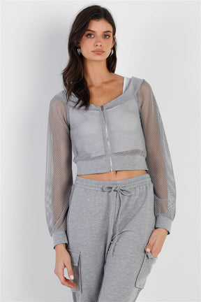 Ensemble haut zippé et pantalon en résille contrastante gris chiné