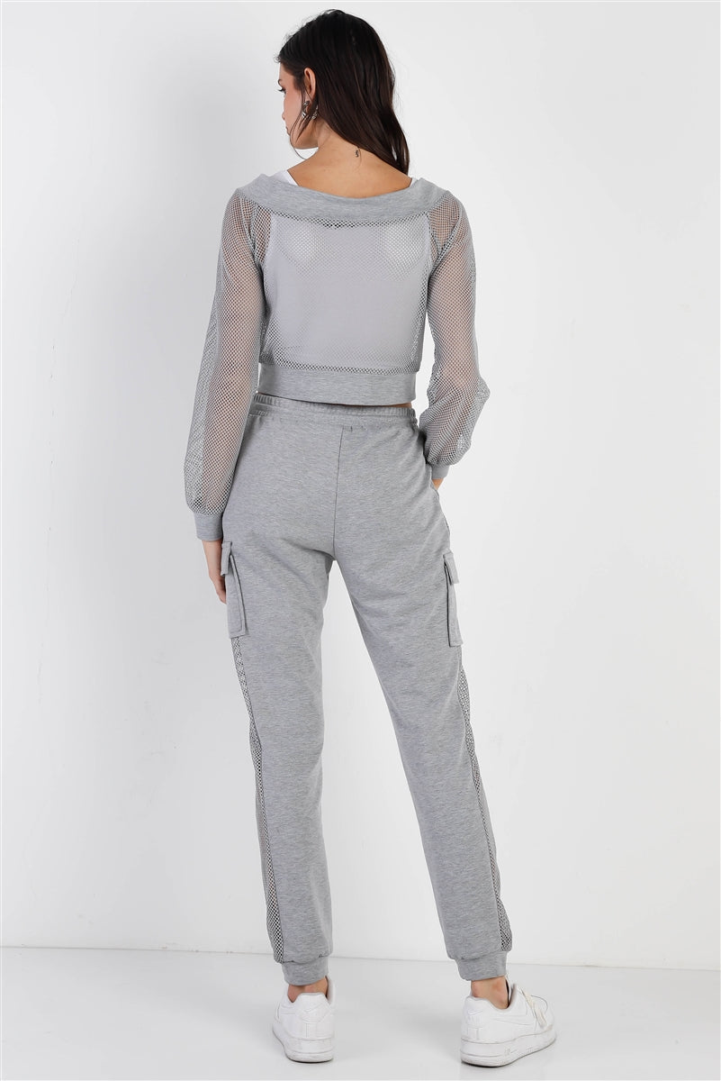 Ensemble haut zippé et pantalon en résille contrastante gris chiné