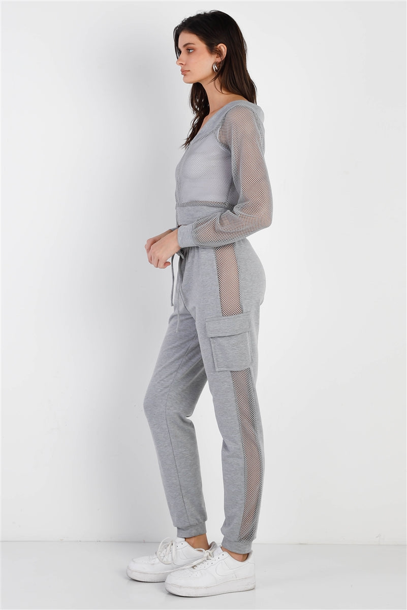 Ensemble haut zippé et pantalon en résille contrastante gris chiné