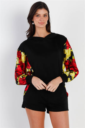 Ensemble haut à capuche et short à imprimé floral rouge et citron vert effet satiné noir