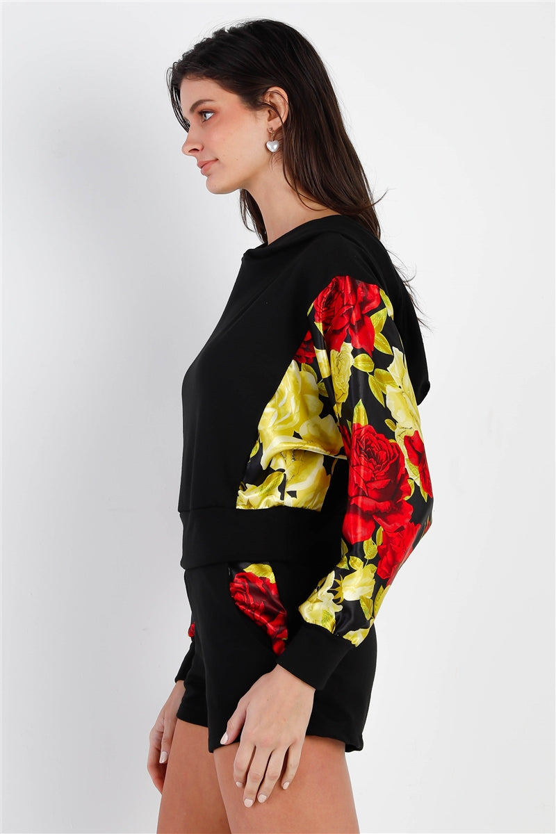 Black & Satin Effect Red & Lime Floral Print Hooded Top & Short Set