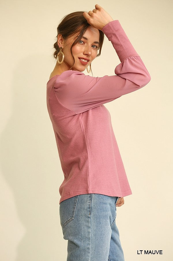 Solid Knit And Chiffon Mixed Top With Puff Long Sleeve