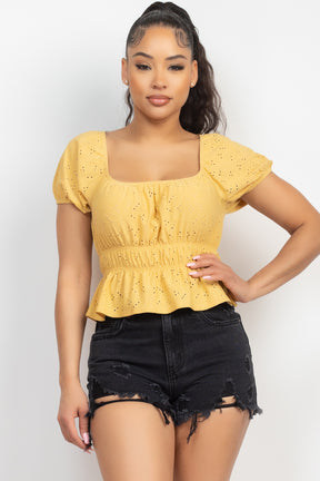 Puff Sleeve Eyelet Peplum Top