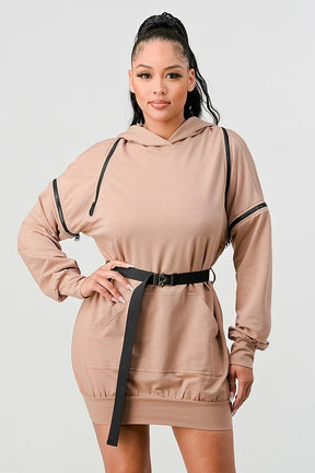 Double Zipper Long Sleeve Hooded Mini Dress