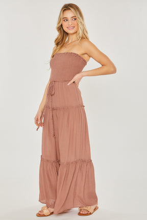 Woven Solid Sleeveless Smocked Ruffle Jumpsuit