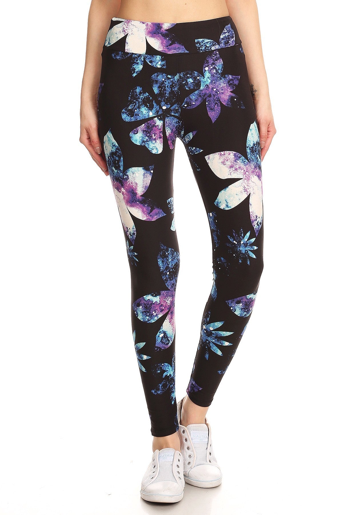 Leggings longs à imprimé floral avec silhouette de galaxie et bande de style yoga, coupe ajustée et taille haute ceinturée