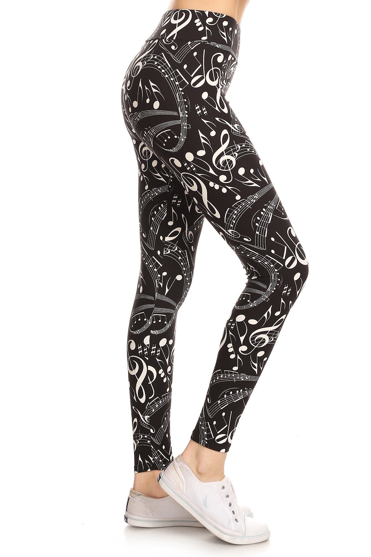 Legging long à imprimé notes de musique doublées et à bandes de style yoga, coupe ajustée avec taille haute à bandes