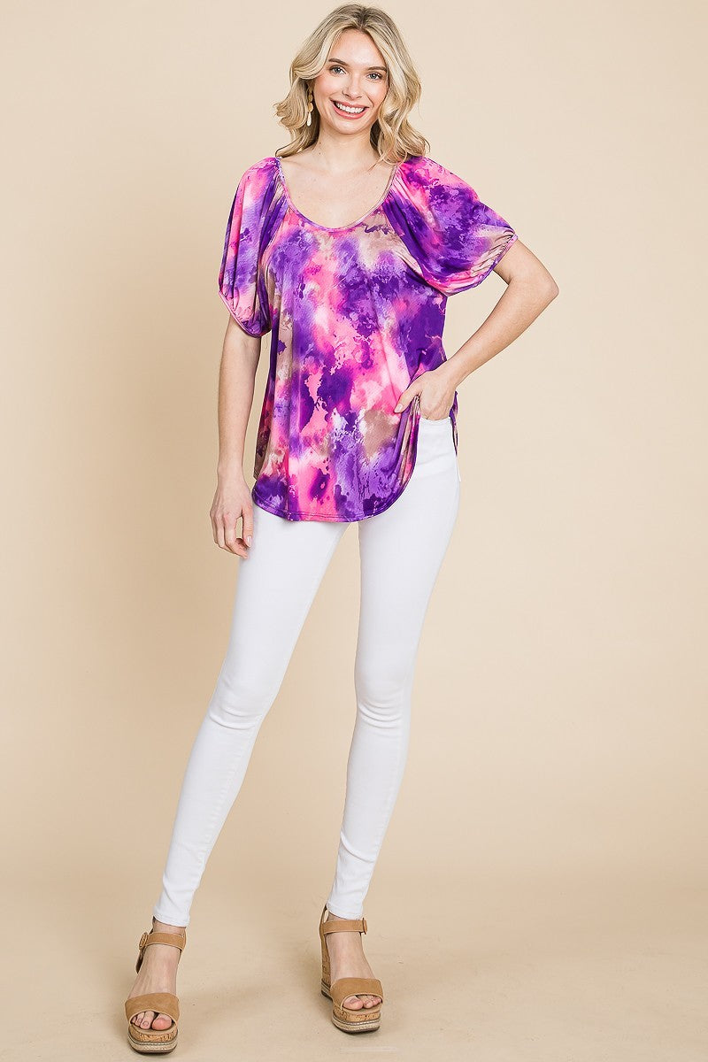 Venechia Tie Dye Bubble Sleeves Tunic Top