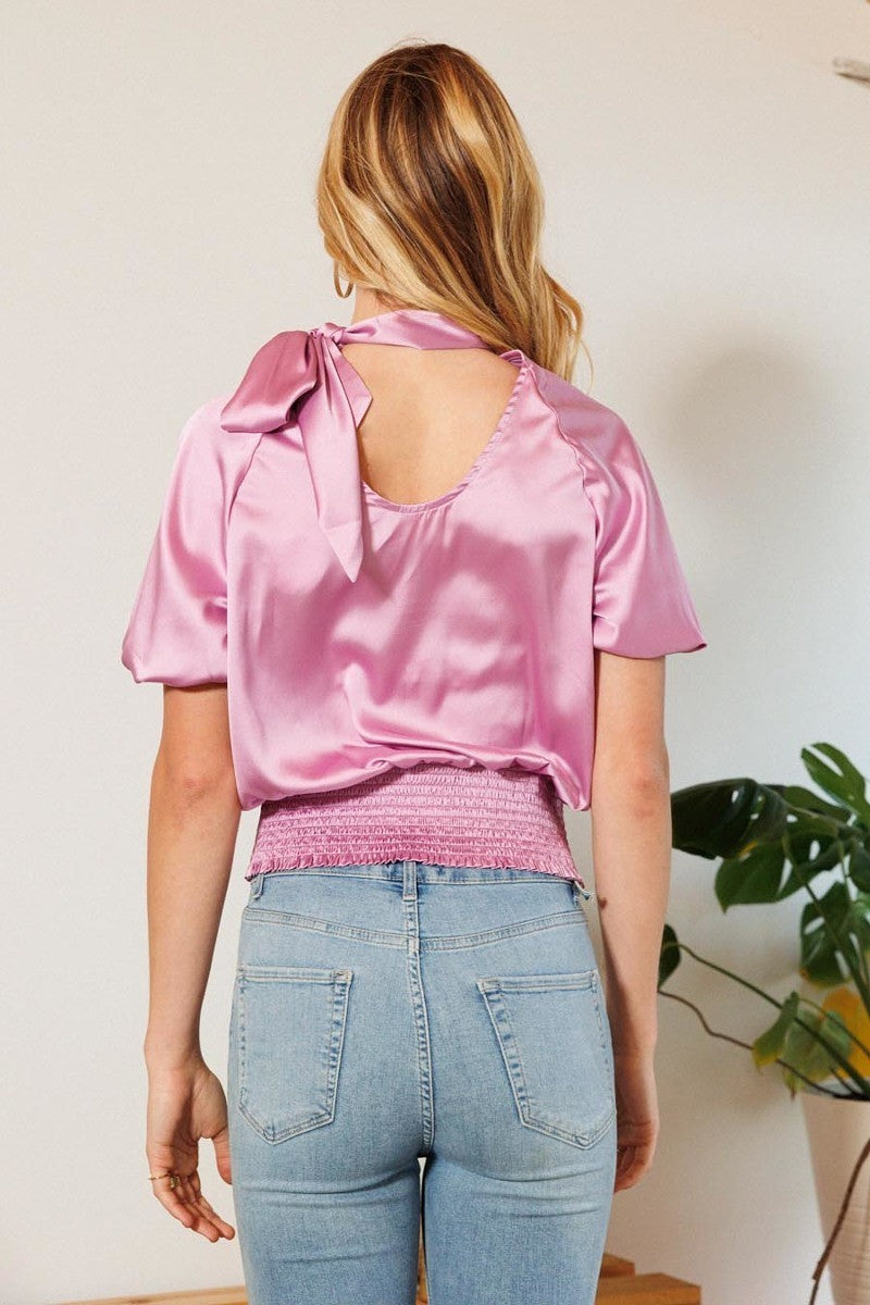 Waist Smocked Solid Satin Blouse