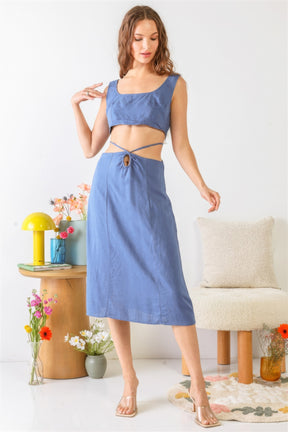 Blue Sleeveless Square Neck Self-tie Strap Cut-out Midi Dress