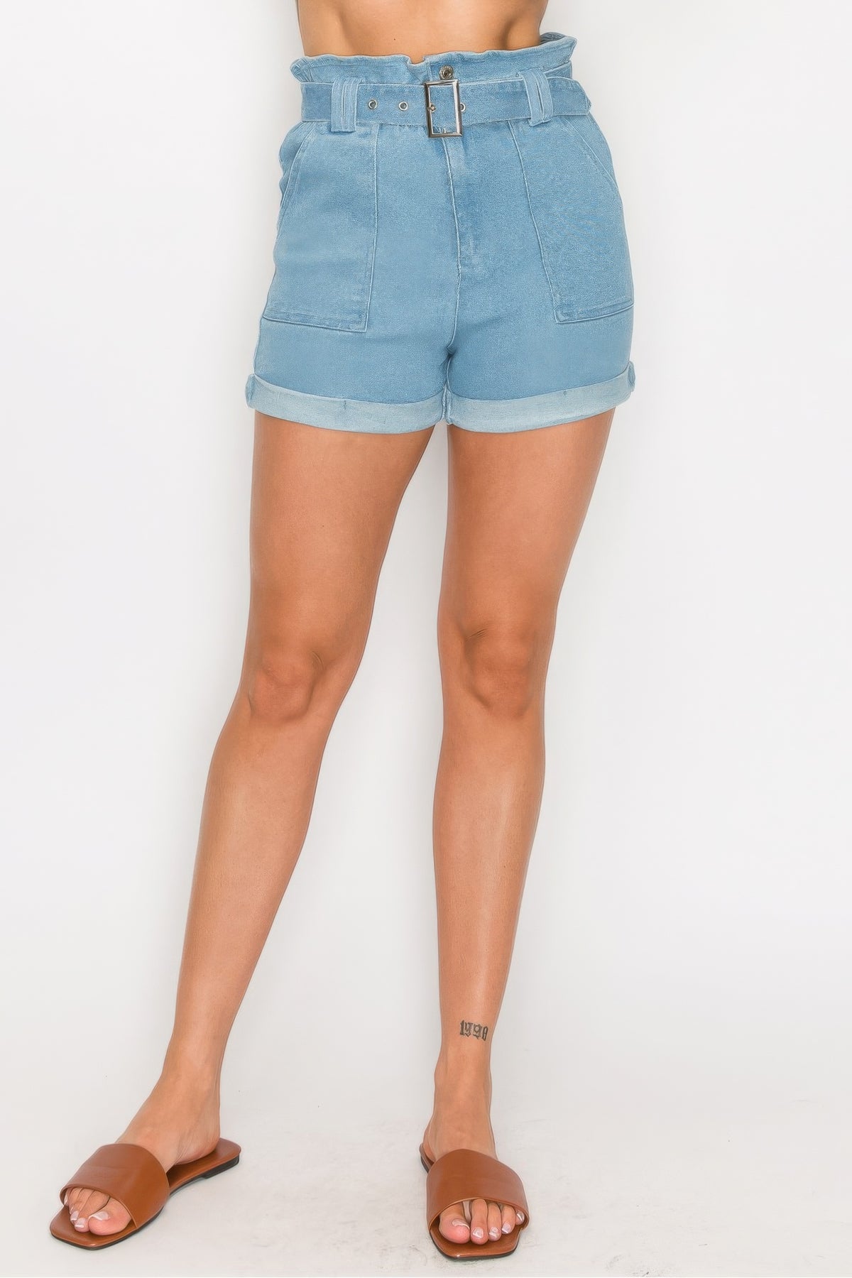 Belted Paperbag Denim Shorts