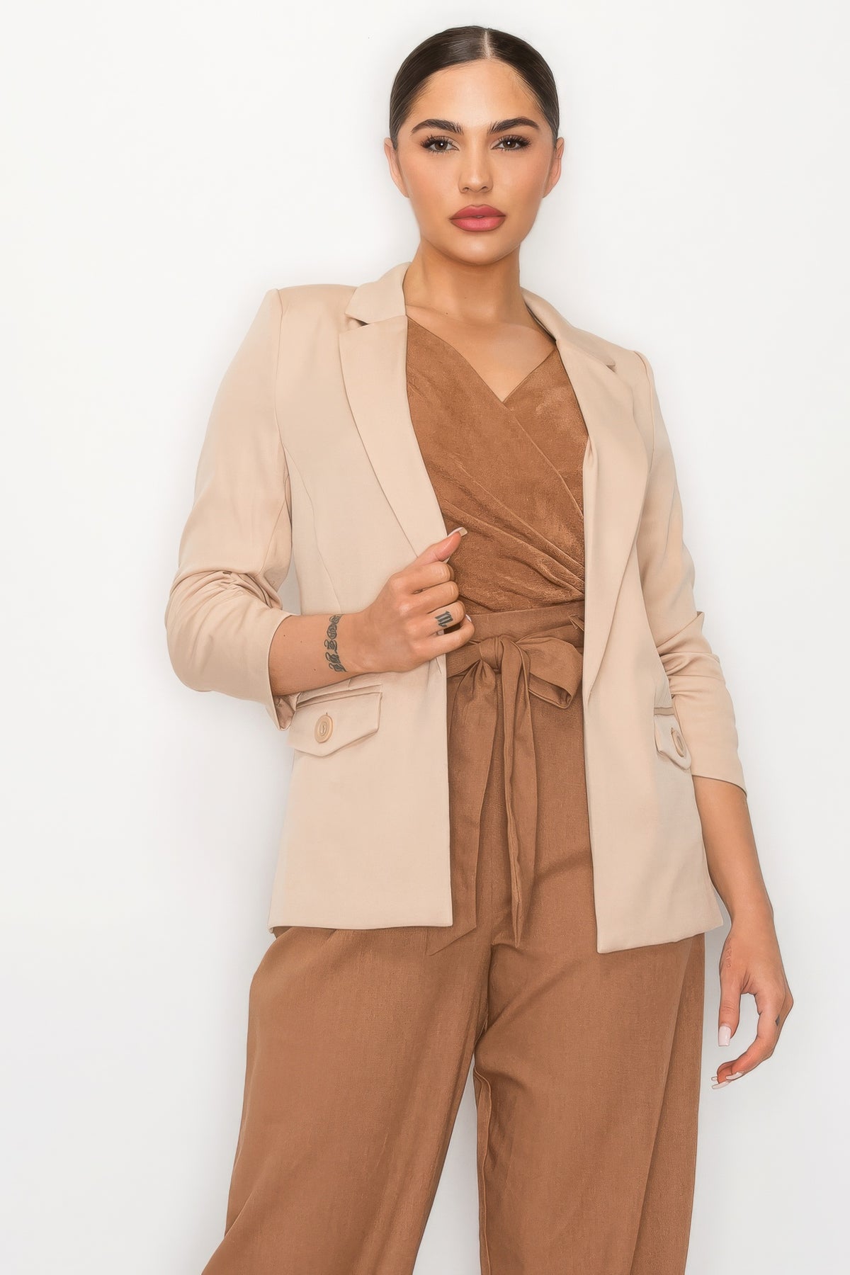 Ruched Sleeves Solid Blazer