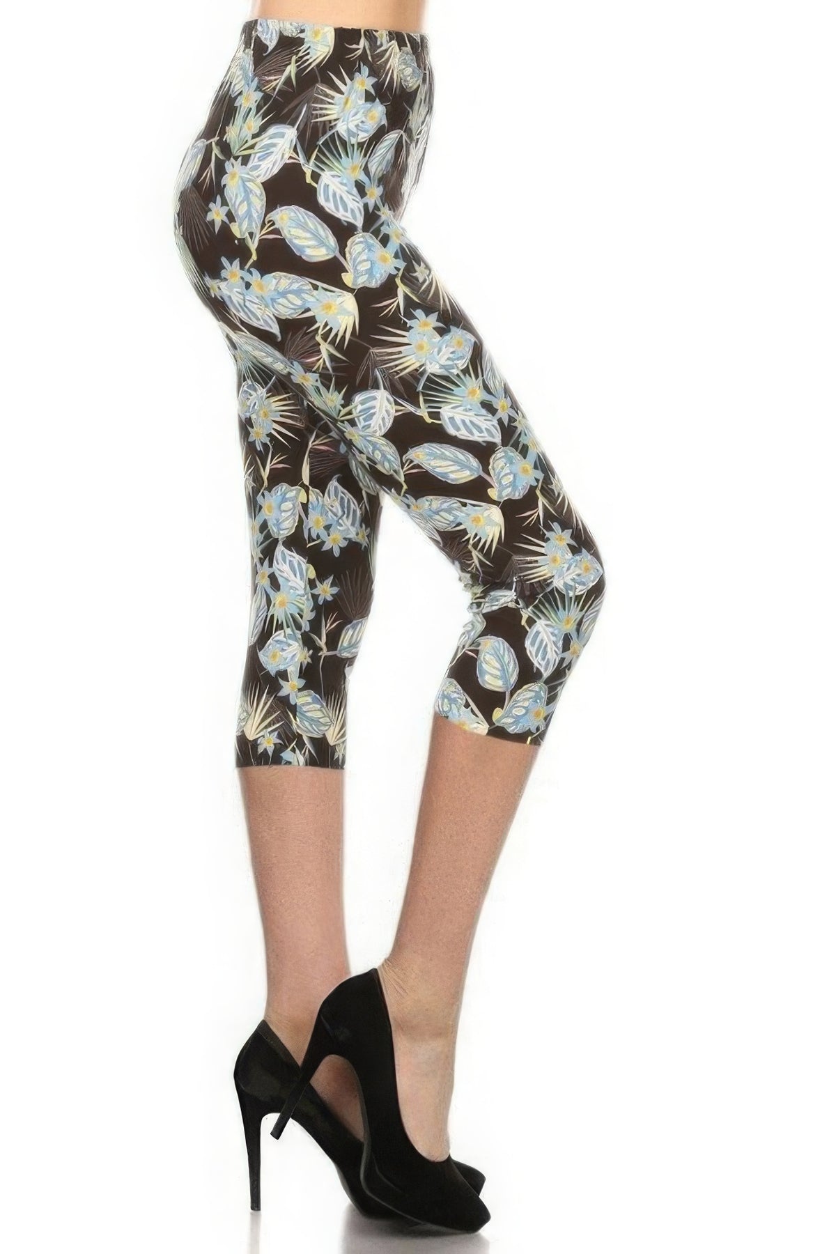 Leggings Capri taille haute à imprimé feuilles avec taille élastique