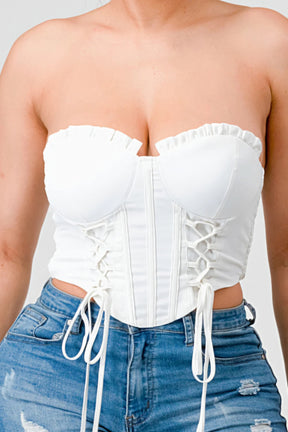 Haut bustier luxueux en dentelle à volants et cordon de serrage