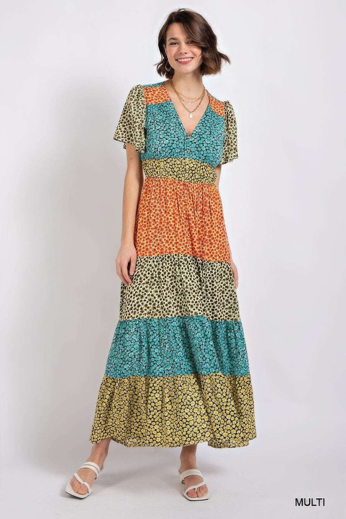 Ditsy floral color block v-neck split button up maxi dress