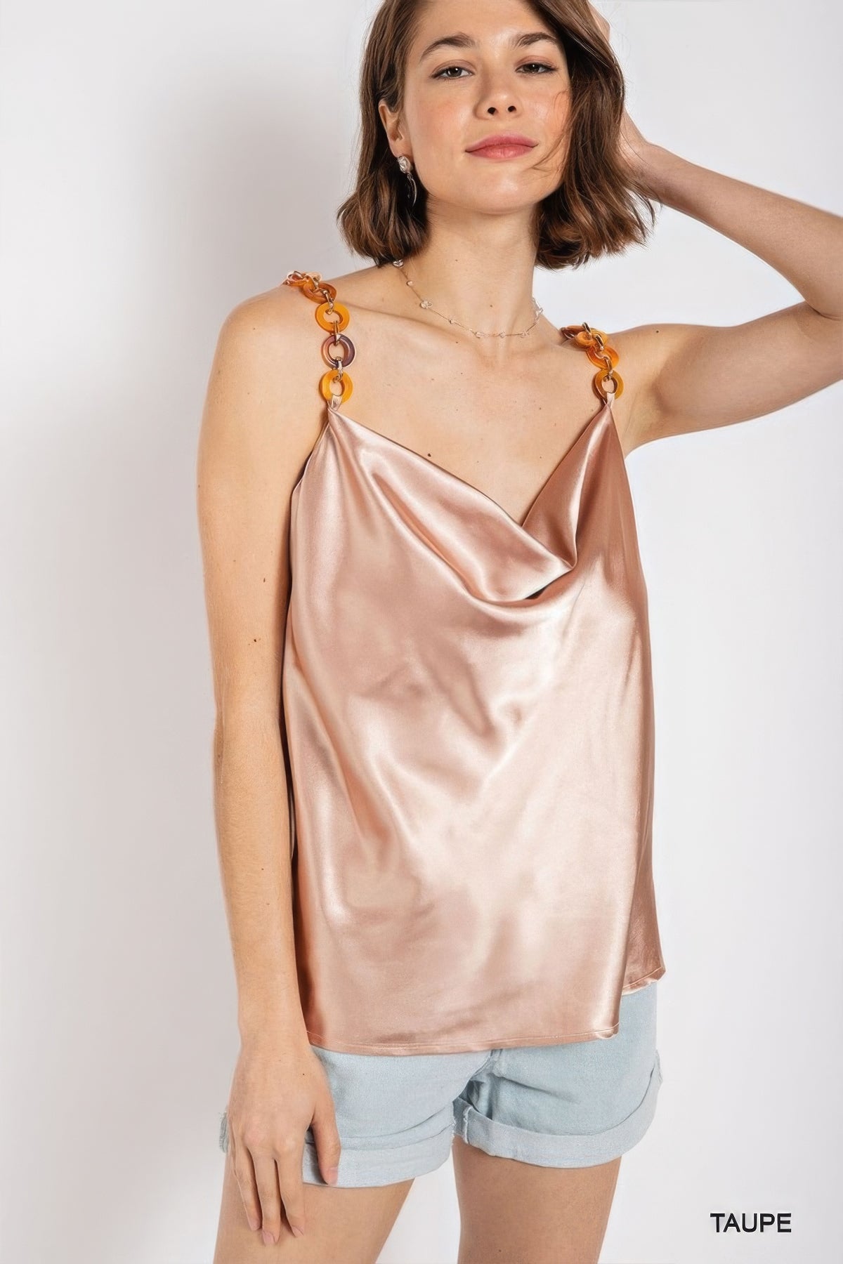 Cowl neck satin camisole with chain strap