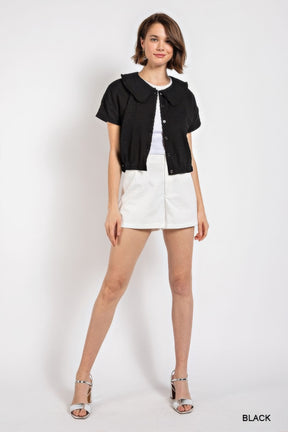 Peter pan collar textured knit button down top