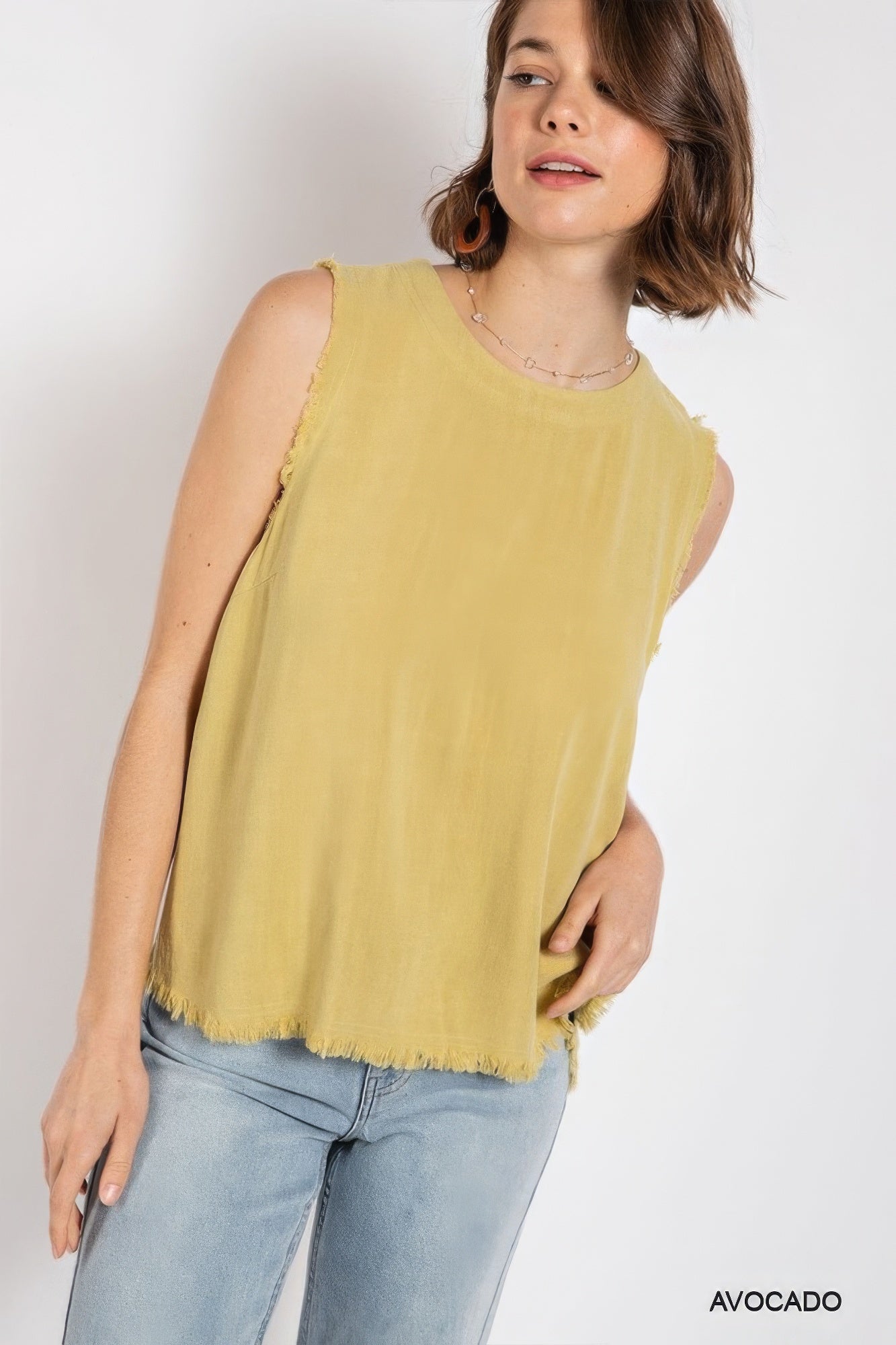 Sleeveless back button closure frayed top