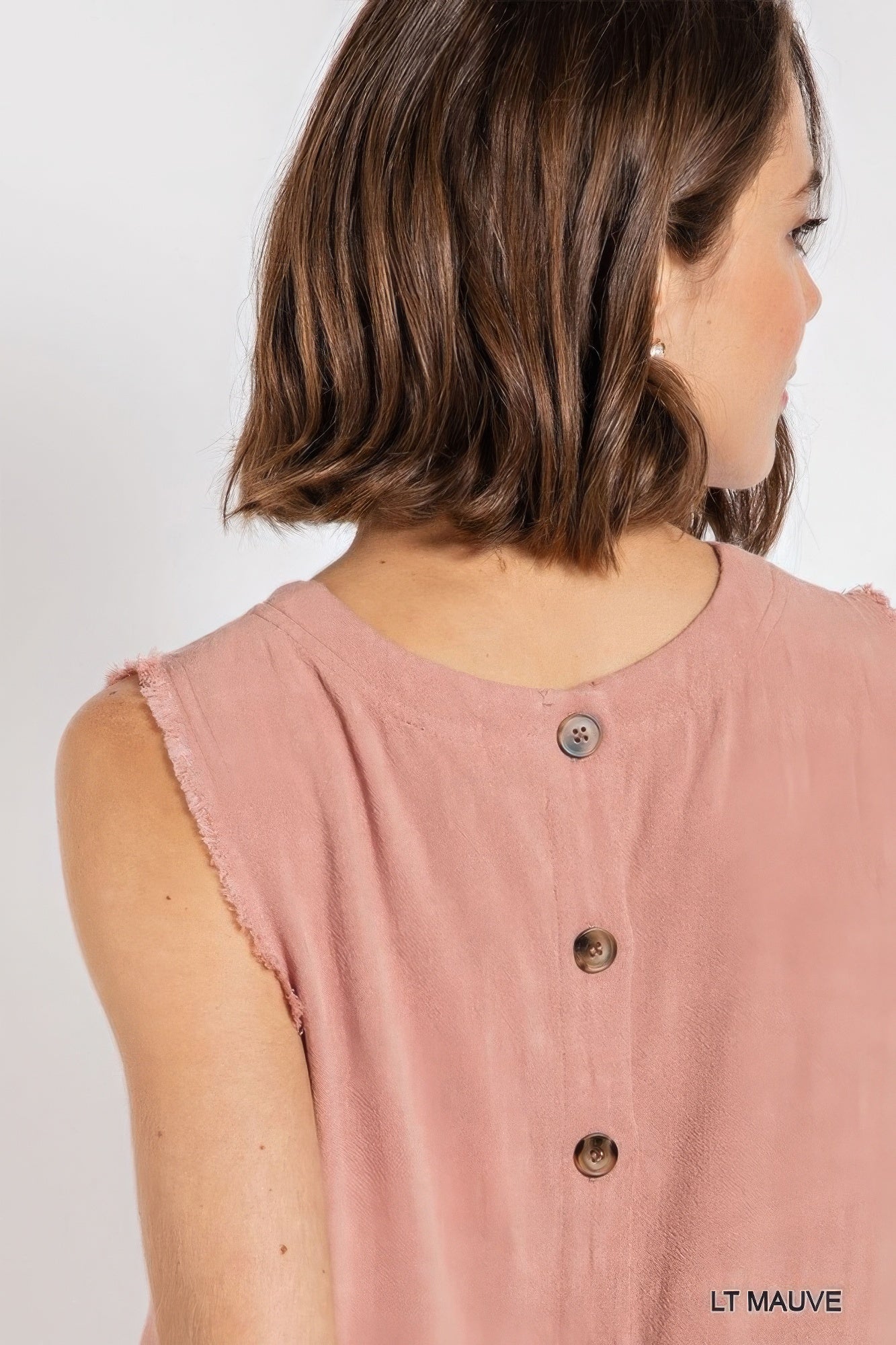 Sleeveless back button closure frayed top