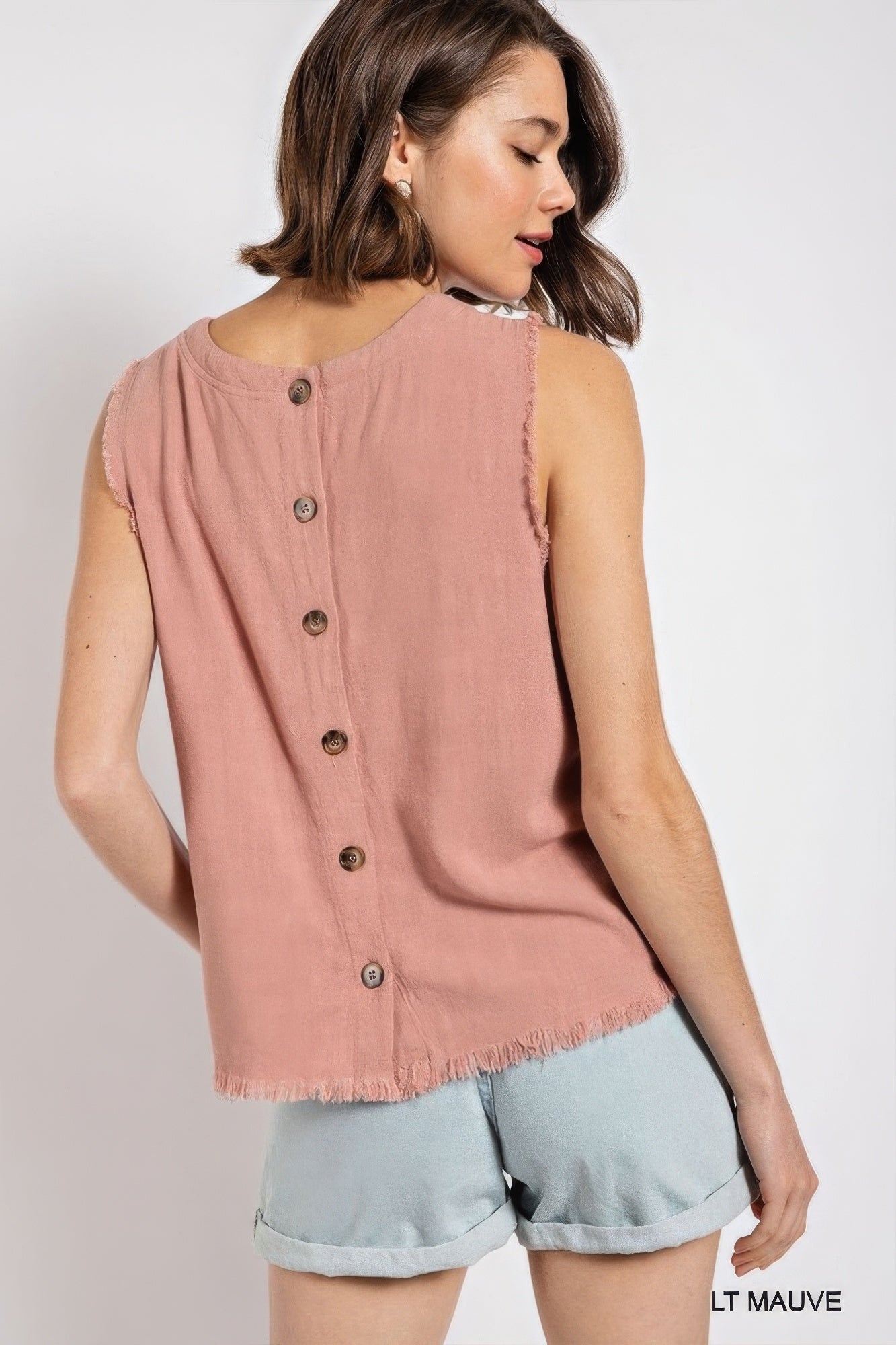 Sleeveless back button closure frayed top