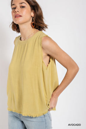 Sleeveless back button closure frayed top