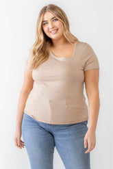 Plus Taupe Waffle Knit Angled Neck Short Sleeve Top