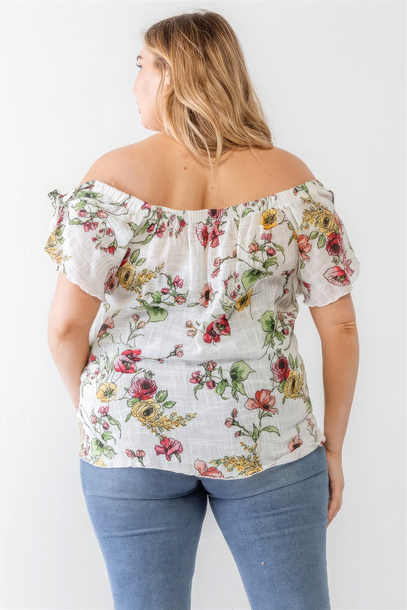 Plus Ivory Floral Print Woven Linen Blend Off-the-shoulder Relax Top