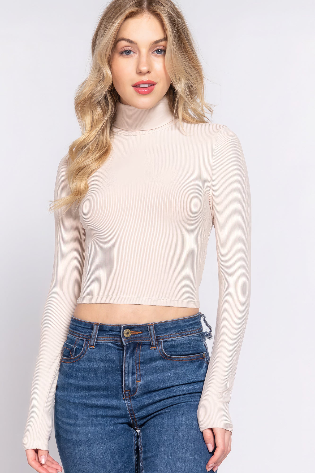 Long Slv Turtle Neck Rib Crop Knit Top