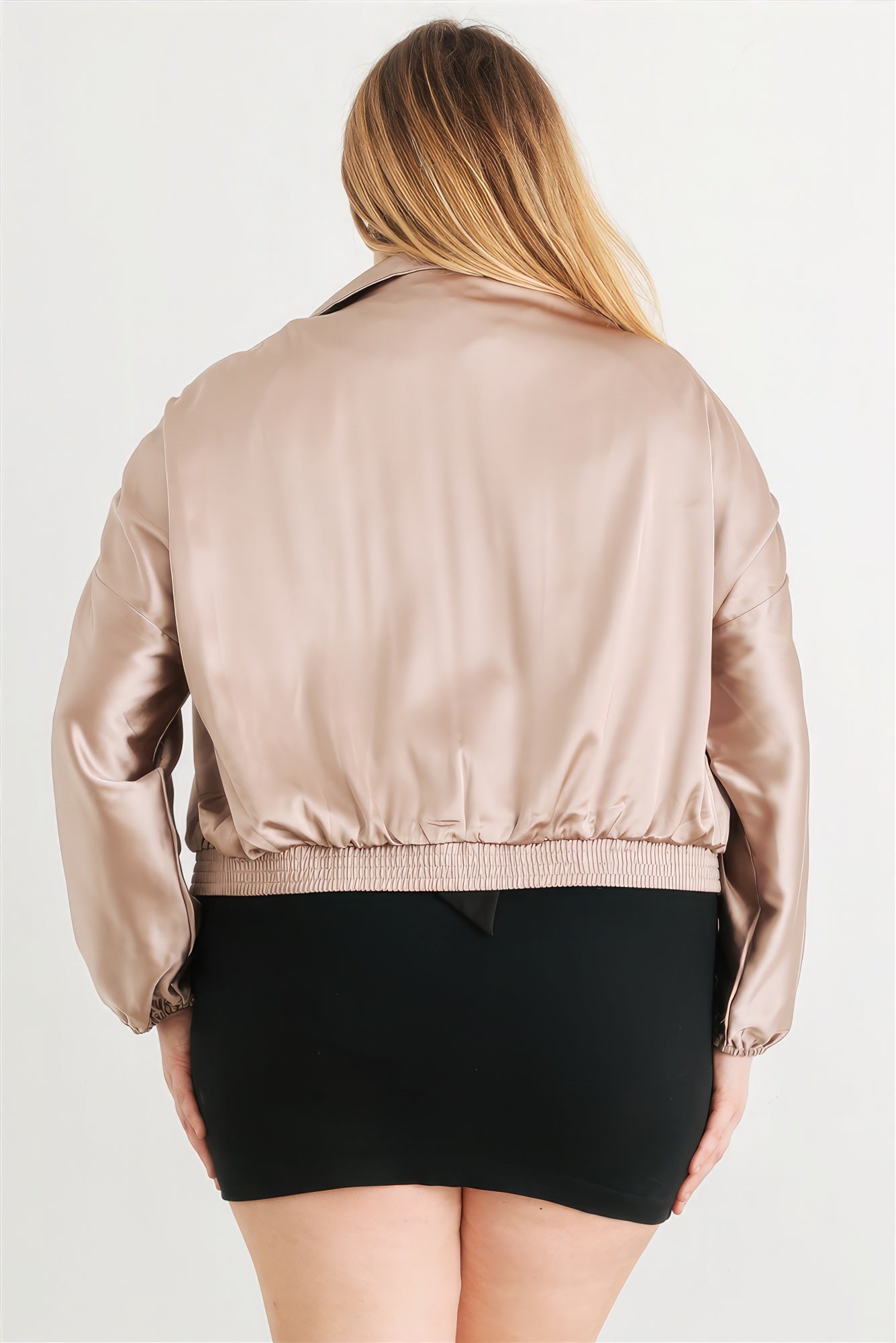 Veste bomber courte à manches longues froncées avec fermeture éclair en satin Plus