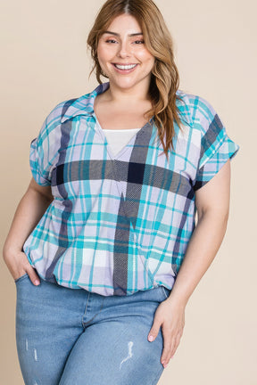 Plus Size Multi Colored Check Printed Casual Collared Short Sleeve Top